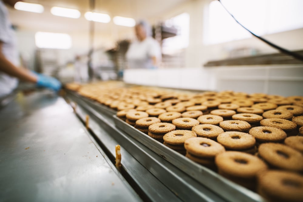 The food and beverage industry comprises many businesses, such as this food manufacturing plant where biscuits are made