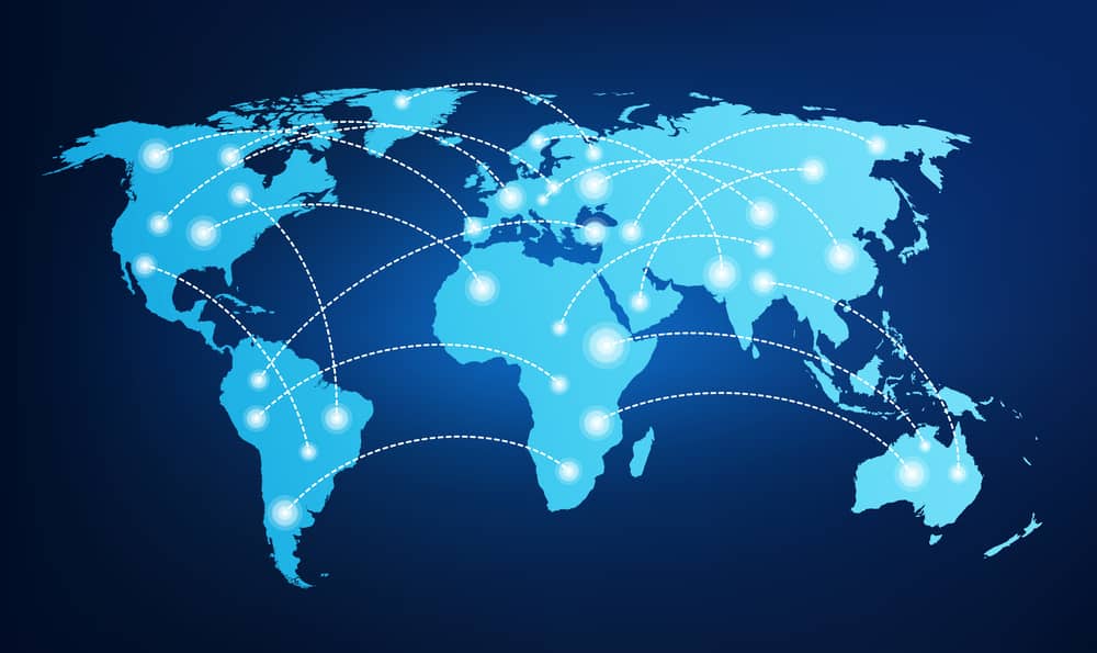 An illustration of continents on a blue background with dots and lines connecting continents and countries.