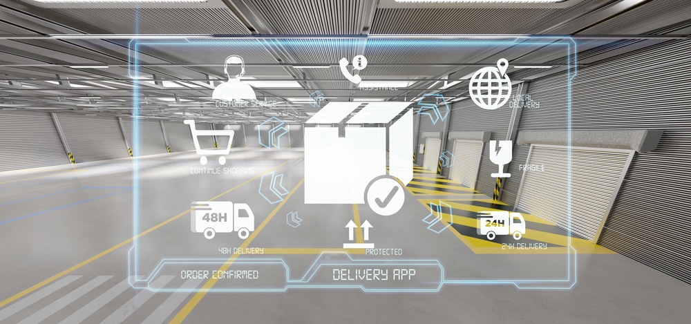 Photo of a warehouse made of steel. Transposed on top of the photo is an illustration of a delivery app, which includes a box in the middle surrounded by a truck, wine goblet, globe, telephone, customer service person, a trolley and truck.